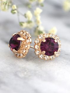 Purple Crystal Stud Earrings Bridal Purple Amethyst Earrings - Etsy Purple Prong Set Earrings For Wedding, Purple Wedding Earrings With Prong Setting, Purple Prong Set Wedding Earrings, Dark Purple Earrings, Amethyst Earrings Gold, Purple Amethyst Earrings, Orchid Earrings, Earrings Purple, Purple Earrings