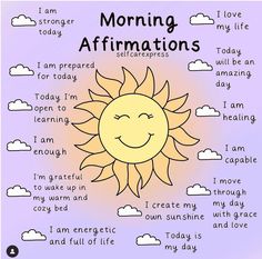 a cartoon sun with the words morning affirmations on it and clouds in the background