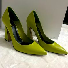 Brand New With Protective Film On The Bottom. Great Condition Green Heels With Contrasting Heel Counter And Round Toe, Green Closed Toe Heels With Contrasting Heel Counter, Green Leather Court Shoes With Almond Toe, Green Leather Almond Toe Court Shoes, Green Leather Court Shoes With Pointed Toe, Green Pointed Toe Heels Medium Width, Green Heels With Removable Insole And Pointed Toe, Green Pointed Toe Heels With Removable Insole, Green High Heel Leather Court Shoes