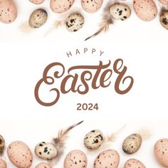 an easter card with eggs and feathers in the middle, on a white background that says happy easter