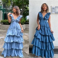 Boho ruffle maxi dress with strings to tie at the back. Elastic waist. 4 layered at the skirt part. Lined. 100% cotton. Color Blue. Measurements: One size will fit US size 2-20 Bust up to 45 inches around. Neck deep 10 inches. (Front) and 13 inches deep in the back. Waist 20 stretch up to 45 inches. Hip up to 54 inches. Length 54 inches. CARE: Machine wash cold. This dress already been wash. Tiered Ruffle Maternity Maxi Dress, Floor-length Ruffled Maxi Dress For Beach, Beach Floor-length Maxi Dress With Ruffles, Bohemian Blue Maxi Dress For Wedding, Bohemian V-neck Maxi Dress For Maternity, Flowy Boho Maxi Dress With Ruffles, Bohemian Maternity Maxi Dress With V-neck, Floor-length Ruffled Sundress Maxi Dress, Floor-length Ruffles Sundress Maxi