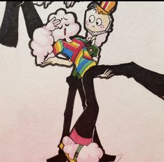 a drawing of two people dressed as clowns and one is holding the other's leg