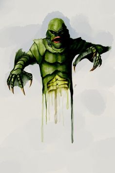 a painting of a creature with green paint on it's body and hands, standing in the air