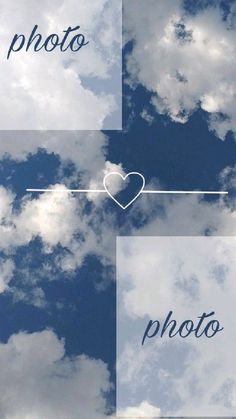 the sky is filled with white clouds and there are two hearts on each side of the photo