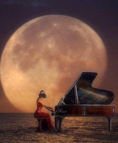 a woman sitting at a piano in front of a full moon with the ocean and sky behind her