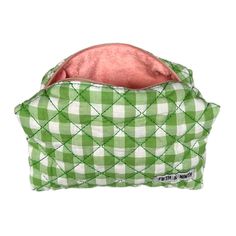 Our Kami quilted cosmetic bag is the perfect travel essential to store your cosmetics, skincare, or phone. The soft terry cloth interior helps to protect your items from smudges and scratches. The gingham fabric exterior makes it easy to spot in your purse or overnight bag. This bag makes a great gift for anyone who wants to stay organized while traveling or just at home—they also look cute displayed on your vanity! Outer Fabric: Cotton Inner Fabric: Terry Cloth Dimensions: 9.1" L x 4.7" W x 3.9 Quilted Cosmetic Bag, Tech Jewelry, Cosmetics Skincare, Gingham Fabric, Overnight Bag, Sunglasses Shop, Green Bag, Terry Cloth, Bag Making