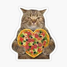 a cat holding a heart shaped pizza sticker