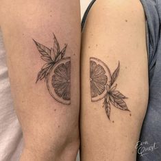 two people with matching tattoos on their arms, one has a slice of orange and the other has a leaf