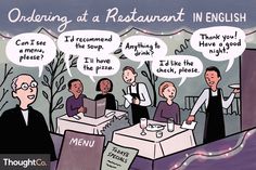 an image of a restaurant with people talking to each other about ordering at a restaurant in english