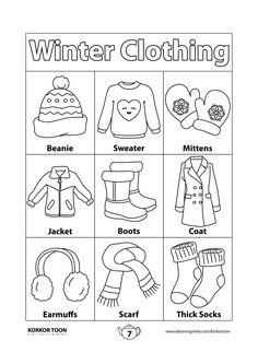 the winter clothing worksheet is shown in black and white, with pictures of different items