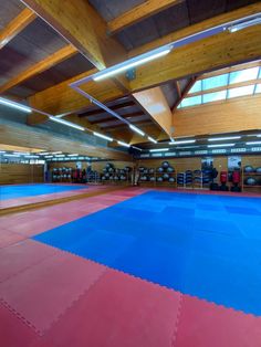 an indoor gym with blue and pink mats