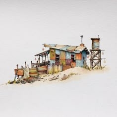 watercolor painting of an old shack on the beach with lifeguards and other items