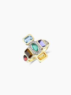 14K Yellow Gold, 0.15 ct. Diamonds,0.46 ct. Tourmaline, 0.25 ct. Emerald, 0.74 ct. Tanzanite, 0.56 ct. Tiger Eye, 0.48 ct. Citrine Multicolor Diamond Gemstones With Accents, Luxury Multicolor Emerald Gemstone Ring, Fine Jewelry Multi-stone Topaz And Diamond Ring, Fine Jewelry Diamond Multi-stone Topaz Ring, Multicolor Multi-stone Diamond Birthstone Ring, Elegant Multicolor Multi-stone Birthstone Ring, Elegant Multicolor Diamond Birthstone Ring, Elegant Multicolor Birthstone Ring With Center Stone, Multicolor Gemstone Diamond Ring In Fine Jewelry Style