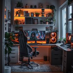 a home office with an illuminated desk and shelves filled with plants, books, and pictures