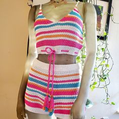 Nwt Knitted Shot And Crop Top Set. Multicolor Knit Top For Spring Beach Outing, Pink Textured Knit Top For Summer, Multicolor Knit Top For Spring Beach Occasion, Summer Textured Knit Pink Top, Summer Pink Textured Knit Top, Casual Pink Knit Top For Vacation, Pink Crochet Top For Vacation, Pink Knit Top For Beach In Spring, Pink Crochet V-neck Top For Spring