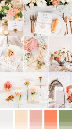 a collage of photos with flowers and wedding colors in them, including peachs, green