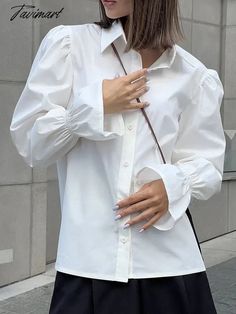 Tavimart White Shirt Women Elegant Lapel Puff Sleeve Blouses Autumn Female Casual Loose Ruched Tops Office Lady Fashion Chic Button Shirt Daywear Puff Sleeve Shirt With Button Cuffs, Puff Sleeve Shirt With Button Cuffs For Daywear, White Puff Sleeve Blouse With Button Cuffs, White Tops With Lantern Sleeves And Button Cuffs, Office Tops With Lantern Sleeves And Button Closure, Office Lantern Sleeve Top With Button Closure, Solid Color Shirt With Puff Sleeves And Buttons, Puff Sleeve Shirt With Button Closure For Daywear, Puff Sleeve Blouse With Buttons For Daywear