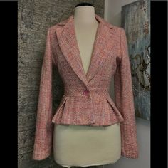 Pink Multi Plaid Pink Fitted Tweed Jacket For Formal Occasions, Fitted Pink Tweed Jacket For Formal Occasions, Spring Pink Wool Tweed Jacket, Spring Pink Fitted Tweed Jacket, Chic Pink Tweed Jacket For Spring, Pink Wool Tweed Jacket For Spring, Pink Fitted Tweed Jacket For Spring, Pink Wool Tweed Jacket For Fall, Pink Tweed Jacket For Spring Office Wear