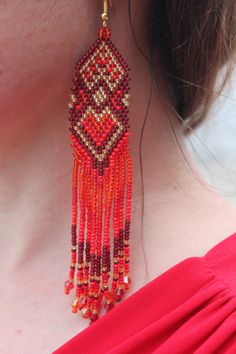 Mothers Day gift for her Seed bead earrings, Heart earrings for women, red Beaded earrings long, Native American style, Statement earrings Prom Dress Jewelry, Red Beaded Earrings, Red Bead Earrings, Extra Long Earrings, Earrings Matching, Beadwork Earrings, Native American Style, Earrings Heart, Sparkle Earrings