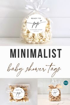 the baby shower tags are shown in three different styles, including white and brown popcorn