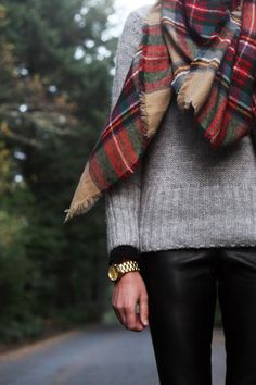 Leather is the new black — The Entertaining House Thermal Shirt Outfit, Tartan Plaid Scarf, Autumn Weekend, Grey Christmas, Fashion Jackson, Thermal Shirt, Gray Sweater