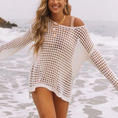 Long Sleeve White Fits Size Xs-L Beach Couture, Crochet Beach Cover Up, Beach Tunic, Beachwear Collection, Beach Cover Ups, Off Shoulder Fashion, Beach Swimsuit, Women's Cover Up, Beach Covers