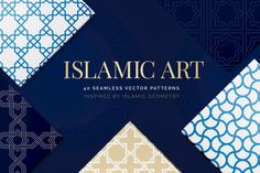 the cover of islamic art, featuring blue and white geometric shapes with gold letters on them