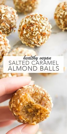 healthy vegan salted caramel almond balls on a white surface with text overlay