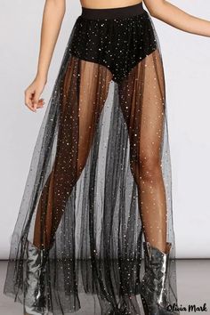 OliviaMark - Stilvoller schwarzer bronzener Patchwork-Rock mit hoher Taille - lässig, schlank geschnitten Black Outfit Party, Mode Coachella, Gonna In Tulle, Mesh Maxi Skirt, Star Costume, Fest Outfits, Rave Outfit, Skirt Maxi, Maxi Robes