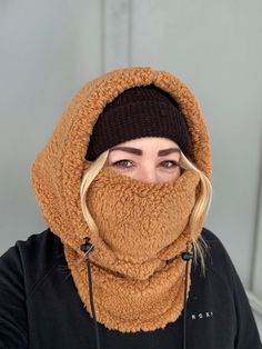 Balaclava - Sherpa FITS OVER HELMET! Fits over most adult helmets as well as over beanies  Hood made with Sherpa fleece Stay warm in style!  Wear with hood up or down, and face mask up or down  Pull strings with cord stops to stay tight  Adult size, fits most!  Beanie hat not included  100% polyester   Dry clean only!  *Pattern placement may vary South Lake Tahoe, Sherpa Fleece, Lake Tahoe, Beanie Hat, Beanie Hats, Winter Women, Stay Warm, Labour Day, Caps Hats