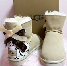 Pre-Order LV Designer Ugg Inspired Boots – Kidz Slay Apparel Cheap Cute Shoes, Pearl Boots, Cute Uggs, Uggs With Bows, Custom Sneakers Diy, Fluffy Shoes, Pretty Sneakers, Pretty Shoes Sneakers, All Nike Shoes