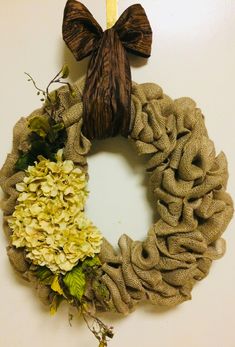 a wreath is hanging on the wall