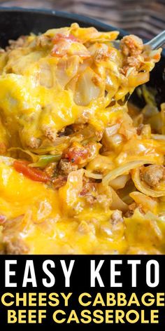 an easy keto cheese cabbage beef casserole is shown in a skillet