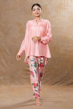 Blush pink top with pleated yoke and floral print. Paired with printed pant. - Aza Fashions Spring Pink Sets With Relaxed Fit, Pink Relaxed Fit Sets For Spring, Relaxed Fit Pink Sets For Spring, Blush Pink Top, Top And Pants Set, Floral Print Tops, Collar Top, Pink Top, Pant Set