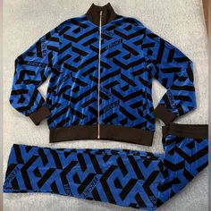 Blue & Black Velour Lounge Tracksuit (Jacket & Pants) By Versace. In New Condition, Never Been Worn! Size Xl, Top Fits An Xl Size As Well! Rare Piece. Sold Out! Black Velour Tracksuit, Versace Tracksuit, Versace Blue, Velour Tracksuit, Tracksuit Jacket, Cool Outfits For Men, Tracksuit Set, New Outfits, Black Blue