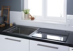 a kitchen sink sitting under a window next to a counter top with a potted plant on it