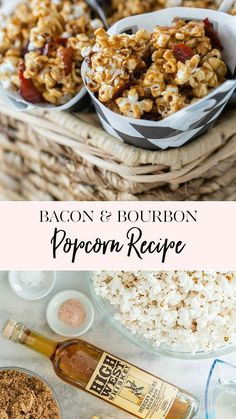 bacon and bourbon popcorn recipe in bowls next to other ingredients