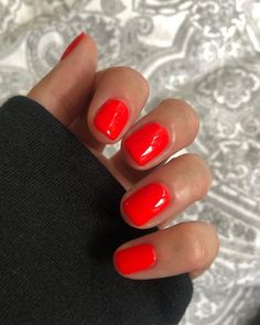 Red Orange Gel Polish, Red Orange Pedicure, Dnd Shocking Orange, Red Orange Gel Nails, Orange Red Nails Summer, Short Red Orange Nails, Bright Red Pedicure, Neon Red Orange Nails, Short Red Summer Nails