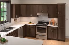 a kitchen with brown cabinets and white counter tops