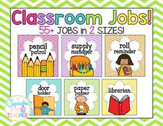 classroom jobs and jobs in 2 sizes with pictures on the front, green chevron background