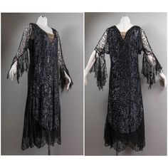 "This is a stunning late 20s early 30s black sequined and beaded gown. The gown has an overdress of netting that the sequins and beads are attached to and hangs loose falling to mid-calf and has a rounded hem with slight slits up the side. It is V-ed in the front and back (I believe I have it displayed backward, but it could go either way easily.) The only difference is one V is slightly less deep and there is a bit of a border to one of the V's. There are also beige silk modesty panels in the V 1920s Beaded Fringe Evening Dresses, 1920s Style Beaded Fringe Evening Dresses, 1920s Evening Dresses With Beaded Fringe, Vintage Black Flapper Dress With Beaded Fringe, 1920s Embellished Evening Dresses, 1920s Embellished Black Dress, 1920s Style Embellished Evening Dresses, 1920s Black Embellished Dress, Black Sequin Flapper Dress For Wedding