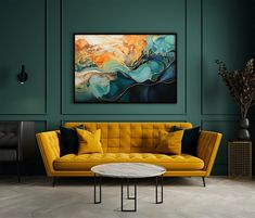 a living room with green walls and a yellow couch in front of a painting on the wall