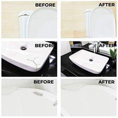 four pictures showing how to clean a bathroom sink