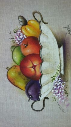 a painting of fruits and vegetables on a white cloth with an angel's wing