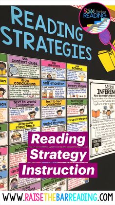 the reading strategy poster is displayed on a blackboard with white writing and colorful images