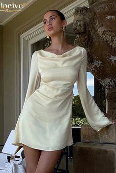 43646472978476|43646473011244|43646473044012 Yellow Satin Dress, Wedding Gown Simple Elegant, Open Back Mini Dress, Dress Drape, Long Sleeve Mini, Satin Dress, Long Sleeve Mini Dress, Bodycon Mini Dress, Yellow Dress