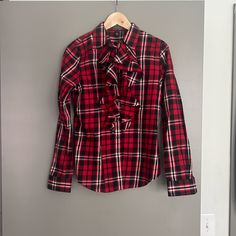 Nwot Lauren Ralph Lauren Ruffle Front Plaid Blouse, S Plaid Ruffle Blouse For Work, Plaid Ruffled Blouse For Work, Plaid Long Sleeve Blouse With Ruffles, Plaid Blouse, Ralph Lauren Tops, Lauren Ralph Lauren, Black Red, Black And Red, Ralph Lauren