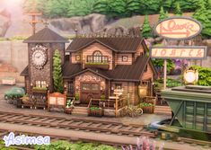 an animated train station with lots of different things on the tracks in front of it