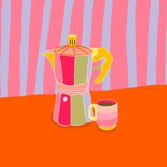 a painting of a coffee pot next to a mug on a table with stripes in the background