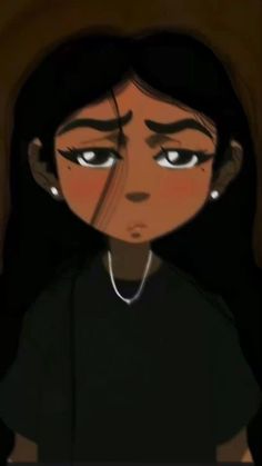 an animated image of a woman with dark hair and big eyes looking at the camera